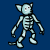 Four pixelated frames of a blue skeletal cat-like creature with varying eye colors and poses on a solid dark blue background.