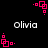 Pixelated pink square patterns animate around the name 'olivia' on a black background, with four distinct configurations of squares and dots visible across frames.
