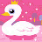 Two white swans with yellow beaks and crowns float on pink water against a pink background with purple trees.