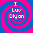 Four identical spiral patterns with alternating blue and pink rings, each containing white text reading "I Luv Dlyon" in a pixelated font.