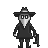 Pixel art figure in dark clothing with a long white beak mask, wide-brimmed hat, and cane against gray background.