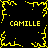 Yellow pixelated text and border elements on black background, four instances of 'CAMILLE' text arranged around central starburst pattern.