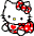 Two pixelated Hello Kitty icons side-by-side, each with white face, red bow, yellow eyes, black nose and mouth dots, red dress with white spots.