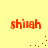 Red pixelated text 'shiah' on a yellow background with scattered brown dots in four quadrants.