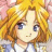 Pixelated anime-style character with long blonde hair and blue eyes, wearing a white top with blue accents, against a pink floral background.