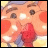 Pixelated cartoon character with large eyes, red cheeks, and a red bow, next to stylized text on a black background.