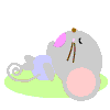 Gray elephant with pink inner ear and belly lies on green grass, legs crossed, eyes closed, with a small brown object on its head and pink 'Z' symbols above its head.
