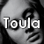 Four- with grayscale and color sections showing a person's face, text overlays reading 'Toula', 'Loves', and 'Adele' in pixelated font