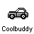 Animated contact sheet of 15 pixel art frames showing a gray car with various states including open hood, character figures, and particle effects above the text "Coolbuddy".
