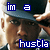 A 4x4 contact sheet of animated frames showing a person in a dark cap and suit with blue text "im a hustla" overlaid, arranged left-to-right top-to-bottom on a gray background.