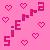 Pixelated pink background with scattered heart shapes and fragmented letters forming 'SIE' in the center.
