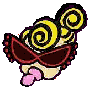 Pixelated cartoon character with yellow spiral hair, pink tongue, and red sunglasses showing 'UP' text on lenses.