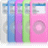 Four colored iPod-like devices in blue, purple, green, and pink with circular buttons on white background.