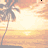 A tropical beach scene with palm trees and a sunset sky, featuring animated heart icons that appear sequentially from top to bottom.