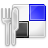 Pixelated icon with silver fork and knife on left, white square background, blue square top-right, black square bottom-left.