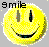 Pixelated yellow smiley face icon with black text 'smile' above, featuring vertical rectangular eyes and a curved mouth on gray background.
