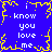 Blue background with yellow pixelated border and central starburst, white text repeating 'i know you love me' in four quadrants.