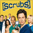 Yellow background with blue 'Scrubs' text above a group of people in medical scrubs, next to purple background with black text 'Zach Braff is a hot nerd'.
