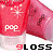 Animated sequence of red lip gloss tubes with 'pop' text, showing color variations in the word 'gloss'.