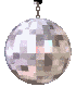 Four vertical of pixelated disco balls hang from chains against a gray background, each showing sequential animation frames