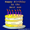 Yellow and white layered cake with six purple candles on a blue background, text reads 'Happy Birthday to the Best mom' above each cake.