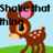Pixelated brown deer with white spots stands on green grass against light blue sky, large orange-ringed eye, pink nose, and black text above head.