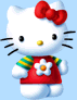 Hello Kitty avatar in red dress with white flower, green-yellow striped sleeves, red bow, yellow nose, black whiskers, on light blue background.