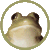 Pixelated frog icon with light brown and white coloring inside a circular frame, next to green text on dark background.