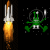 Animated sequence showing a rocket launching with orange flames and green alien figures in circular frames against black background.
