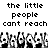 Pixelated text reads "the little people cant reach" above a of small figures with raised arms in black and white