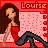 A 4x3 contact sheet of a pixel-art animated icon featuring a cartoon woman in a red dress and black pants, with the name 'Louise' displayed above her on a pink dotted background.