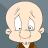 Pixelated cartoon character with large white eyes, light skin tone, and brown clothing against a gray background.
