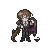 Pixel art character with brown hair and glasses in a black suit, holding a purple cape-like object against gray background.