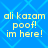 Blue background with light blue diamond pattern and yellow text reading 'ali kazam poof! im here!' in four identical quadrants.