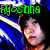 Pixelated image of a person with dark hair against blue and yellow striped background, text overlays in green, pink, and cyan.