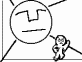A black-and-white animated sequence shows a small stick figure interacting with a large circular face that changes expressions across frames.