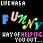 Animated contact sheet of a text-based buddy icon showing multiple variations of the phrase "LIFE HAS A FUNNY WAY OF HELPING YOU OUT..." with changing letter styles and colors across frames.