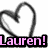 A pixelated heart outline in grayscale with a pink text banner reading 'Lauren!' below it on a white background.