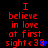 Red pixelated text on black background reads "I believe in love at first sight <3" with blue heart symbol, two variations show different heart states.