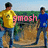 Two people stand outdoors with a dirt path and greenery behind them; text changes from 'smash' to 'rocks' then to '!!!'