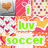 pixelated heart-themed patterns with overlaid green text reading 'i luv soccer' on a white background