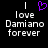 Pixelated text reads 'I love Damiano forever' with a purple heart symbol replacing the word 'love', displayed on black background.