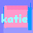 Pixelated icon with pink central rectangle, blue side bars, and light blue text reading 'katie' on a checkered background.