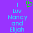 A static pixel art image with a purple background displaying blue text and a green heart symbol.