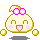 Pixelated character with yellow outline, pink bow, and blush cheeks in four variations showing mouth and hand positions.