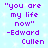 Light blue background with white sparkles and purple pixelated text reading "you are my life now" -Edward Cullen.