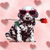 Pixelated dog wearing dark sunglasses and a green bow tie, holding a red rose, surrounded by pink heart shapes on a light pink background.