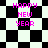 Pixelated 'HAPPY NEW YEAR' text in bright pink on a black-and-white checkered background with shifting diamond patterns.