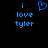 Blue pixelated text and heart symbol on black background, with one version showing a heart icon above 'i love tyler' and another without the heart.