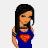 Pixelated cartoon character in blue top with red emblem standing beside text blocks on white background